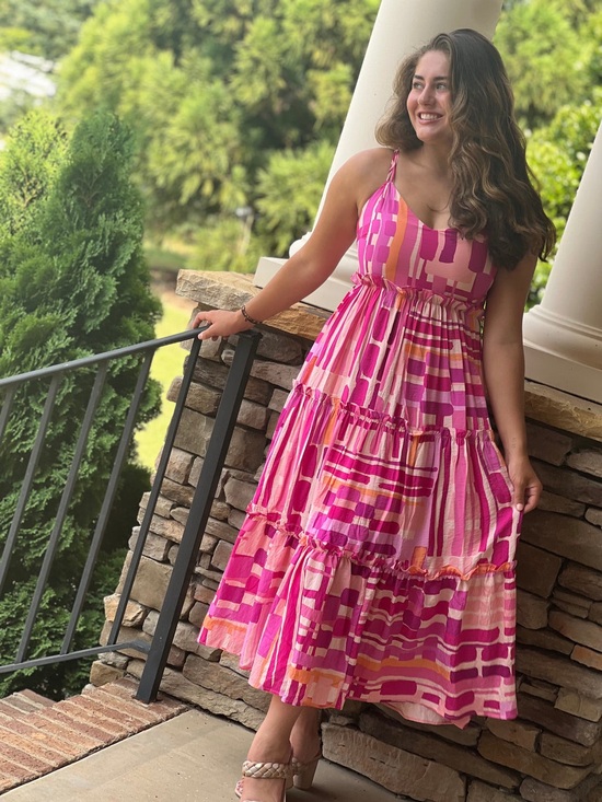 TCEC Dresses & Skirts - TCEC Abstract Pink & Orange Print Tiered Ruffle Midi Dress